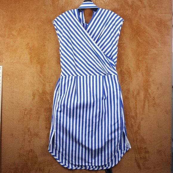 DEREK LAM Shirt Dress Womens Size 6 Blue Stripe Button Up Belted Pocket Collared - Picture 3 of 10